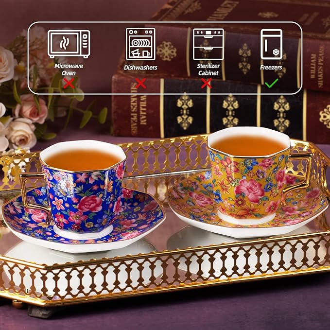 KAMMAK Tea Cups and Saucers Set of 2, Porcelain Coffee Cup with Saucer for Espresso, Cappuccino, 4.5oz Vintage Yellow and Blue Ceramic Novelty Mug for Home, Tea Party, Office