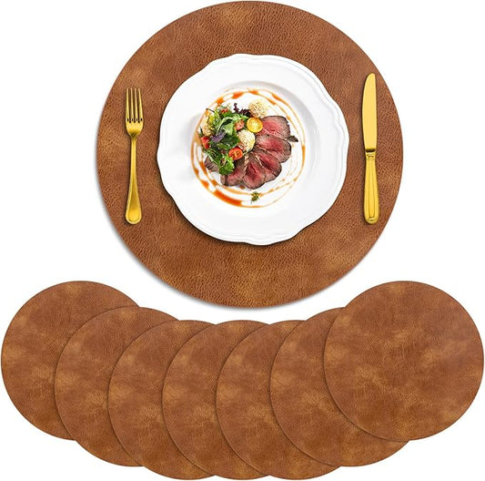 ADRIMER Placemats, Heat Resistant Round Placemats Set of 8 Washable, Waterproof Table Mats, Wipeable Faux Leather Place Mats for Kitchen, Dining Room, Turmeric Brown