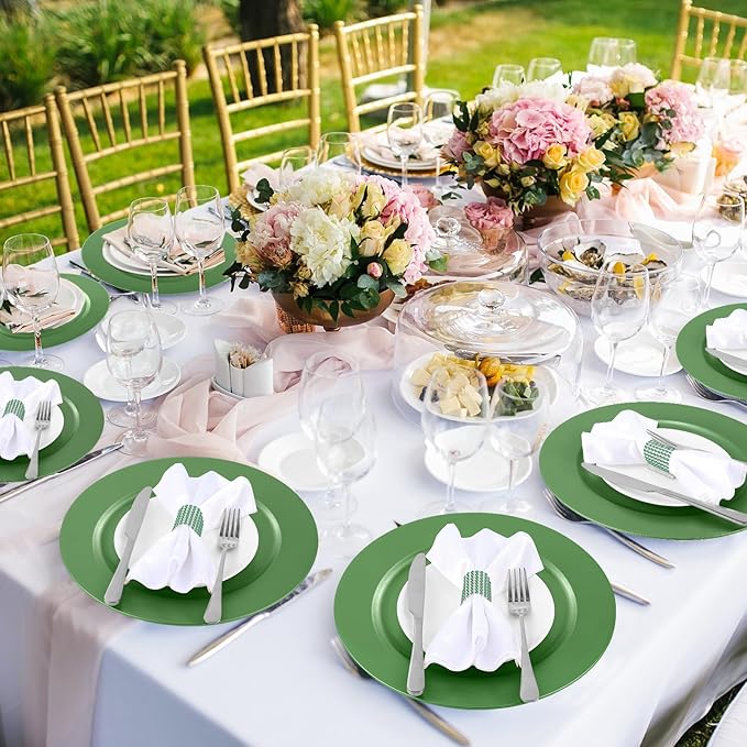 Tanlade 12 Pcs 13 Inch Charger Plates Bulk Round Wedding Chargers Plastic Dinner Plates for Table Setting Wedding Party Decoration (Green)