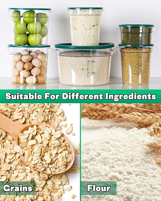 2QT NSF Round Food Storage Containers with Lids: 4 PCS [Total Food Grade][Hot&Cold Resistant] Dough Proofing Container for Pizza, Bread with Measuring Spoons Included(BPA FREE) (GREEN)