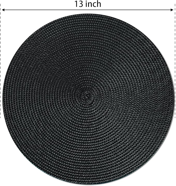 FunWheat Round Braided Placemats Set of 6 Place Mats for Dining Tables Woven Washable Non-Slip Table mats Small 13 inch(S Black, 6pcs)