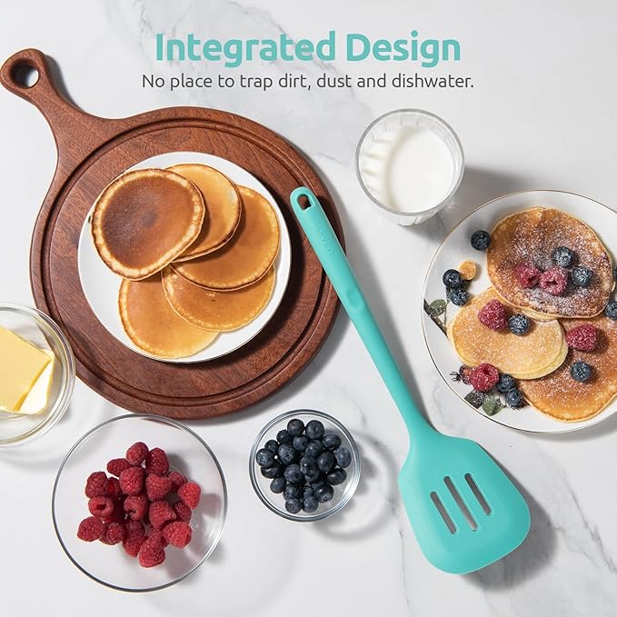 13.6" Slotted Silicone Turner: U-Taste 600쨘F Heat Resistant Kitchen Spatula Flipper, Food Grade Flexible Wide Seamless Rubber Cooking Utensil for Egg, Omelette, Burger in Nonstick Cookware (Aqua Sky)
