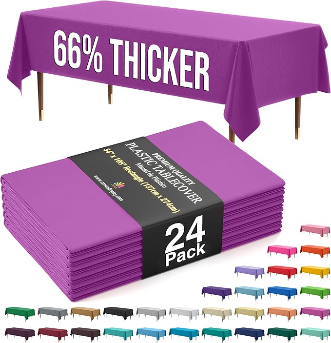 Exquisite 66% Thicker Premium Plastic Table Cloth Rectangle Table Cover 0.5 Mil 24 Pack Magenta Table Cloth 54 Inch x 108 Inch Disposable Tablecloth Won't Tear Easily Like Cheap Thin Brands