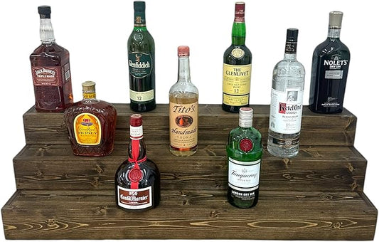 Handmade Tiered Display Shelving - Three Tier Bar Display - Bar Organizer - Liquor Bottle Display (36" without Back, Dark Walnut)