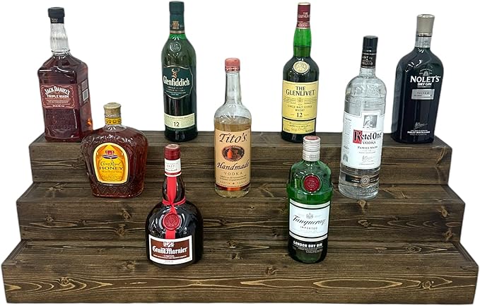 Handmade Tiered Display Shelving - Three Tier Bar Display - Bar Organizer - Liquor Bottle Display (36" with Back, Dark Walnut)