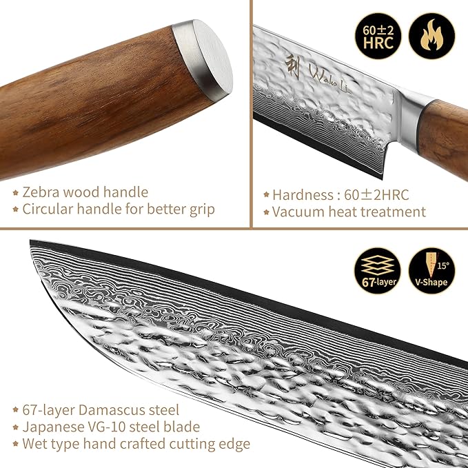 Wakoli Damascus Knife Block Set ??4-Piece Professional Kitchen Knives with Magnetic Block ??Kitchen Knife Set made of 67-Layer Damascus Steel Blades & Ergonomic Zebrawood Handles