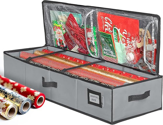 HOLDN??STORAGE Premium Wrapping Paper Storage Container - Durable 600D Tear-Proof, Fits 27 Rolls Gift Wrap, Extra Pockets for Ribbons & Bows, Underbed Storage - Ideal for Holiday Christmas, Gray