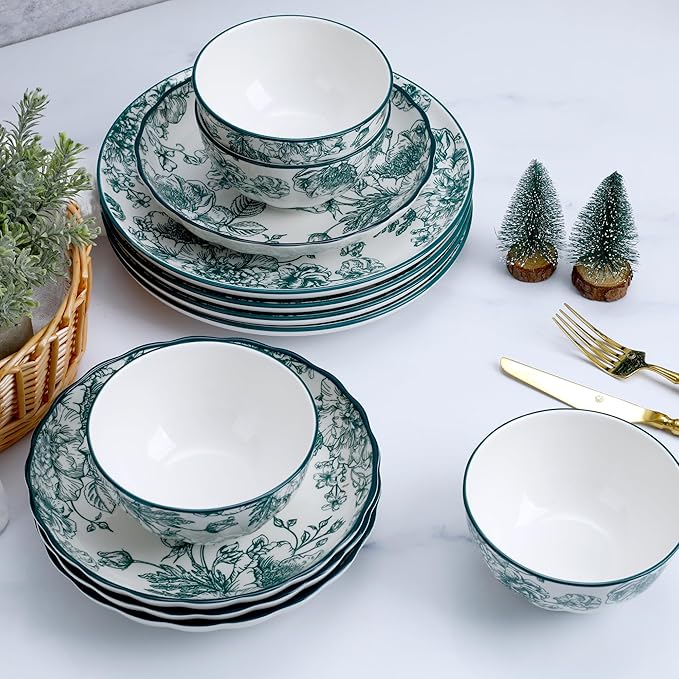 12-Piece Dinnerware Set for 4, Green Floral Porcelain Plates & Bowls, Microwave and Dishwasher Safe