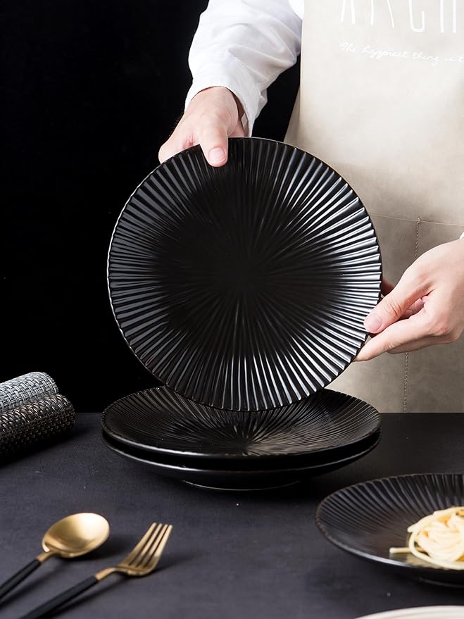 CLAY TONIC Set of 4-8.8 Inch Japanese Style Porcelain Round Dinner Plates, Versatile Circular Serving Plates for Pasta, Salad, Steak Dinner (Black, 8.8 Inches)