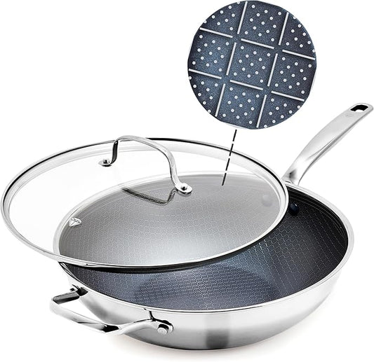 Blue Diamond Hybrid Nonstick Stainless Steel 12??Wok with Lid, PFAS-Free Ceramic Diamond Bond Stir-Fry Pan, Induction Ready, Dishwasher & Oven Safe, Metal Utensil Safe, Stay-Cool Handle, Silver