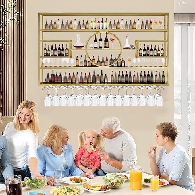47in Modern Wine Rack Wall Mounted, Metal Wall Bar Shelves for Liquor Bottles with Glass Holder, Multifunctional Wood Bar Shelves Wall Mounted for Home Bar, Dining Room & Kitchen, Gold