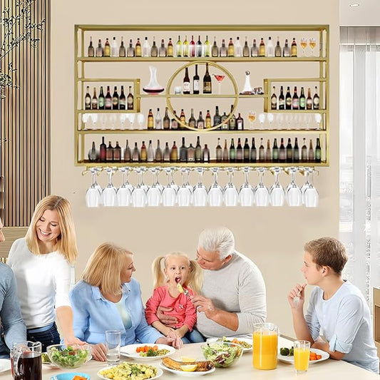 55in Modern Wine Rack Wall Mounted, Metal Wall Bar Shelves for Liquor Bottles with Glass Holder, Multifunctional Wood Bar Shelves Wall Mounted for Home Bar, Dining Room & Kitchen, Gold