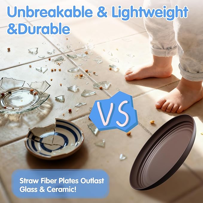 Quatish 10 PCS Unbreakable Reusable Plastic Plates,8 inch Dishwasher & Microwave Safe Dinner Plate, Easy-to-Clean Lightweight,Portable for Kitchen & Picnics Wheat Straw Plates（Brown）