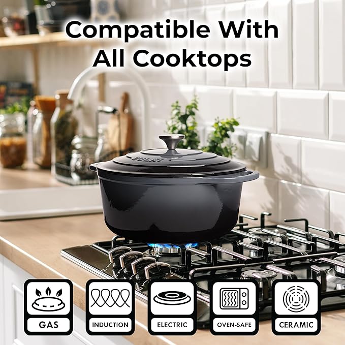 Zulay Kitchen 5 Quart Enameled Cast Iron Dutch Oven Pot with Lid ??Premium Durability & Oven Safe up to 500째F ??Heavy Duty Cookware Perfect for Bread Baking, Stews, Braising & Roasting ??Gray
