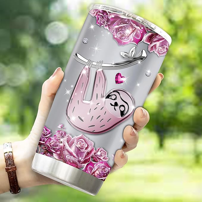 WONWIX Personalized Sloth Themed Insulated Stainless Steel Tumbler, Ideal Sloths Gifts for Women Girls Wife Daughter, 20oz Coffee Cup Mug Water Bottle, Christmas, Birthday, Mother's Day, Valentine