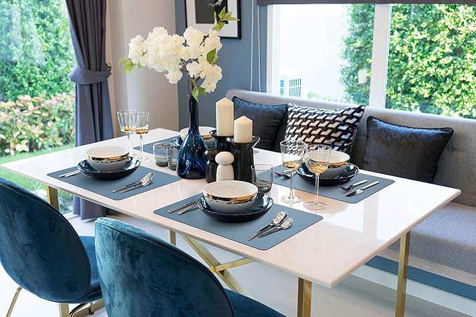 More D챕cor Faux Leather Placemats Set of 6 for Dining Table ??Waterproof, Wipeable, Washable, Stain & Heat Resistant, Non-Slip Table Mats ??12 X 17 Inch, (Solid Blue, 6)