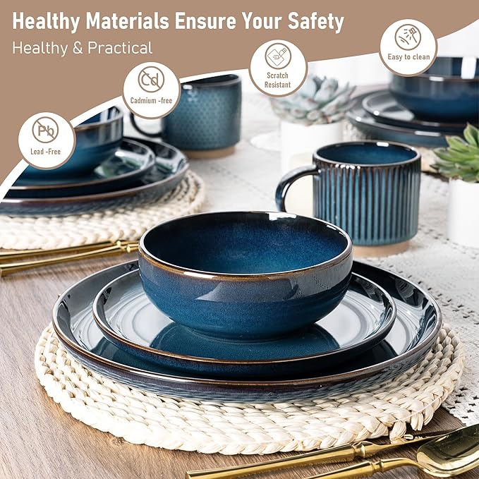 GBHOME Ceramic Dinnerware Sets for 4, 12 Pieces Stoneware Plates and Bowls Sets, Scratch Resistant Dishes, Dishwasher & Microwave Safe, Reactive Glaze-Deep Sea