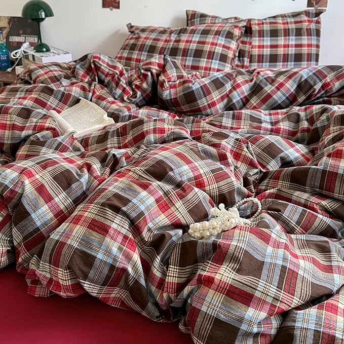 LifeTB Full Comforter Set Vintage Buffalo Plaid Comforter Set, 3 Pieces Red Brown Grid Checkered Comforter with 2 Pillowcases, Breathable Soft Farmhouse Grid Pattern Printed Plaid Gingham Bedding Set