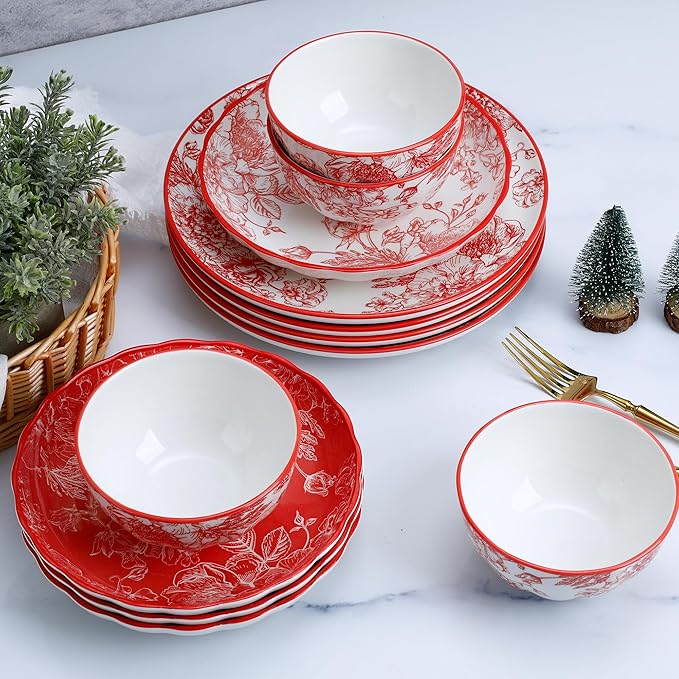 12-Piece Dinnerware Set with Red and White Plates, Service for 4, Microwave and Dishwasher Safe