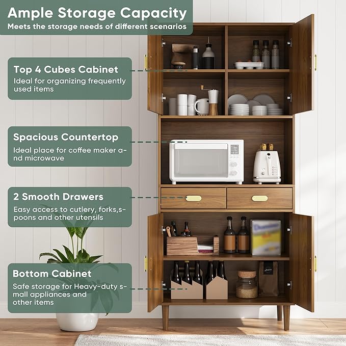 70.87" Tall Kitchen Pantry Cabinet with Line Grooved Doors & 4-Compartment Top, Storage Cupboard with 2 Drawers, Adjustable Shelves & Gold Handles for Dining Room, Bathroom, Walnut