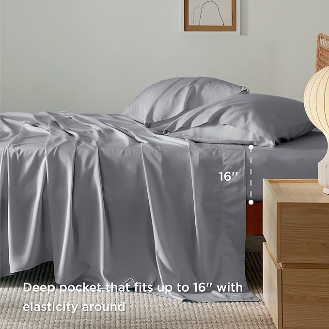 Bedsure California King Sheet Sets, Cooling Sheets, Rayon Derived from Bamboo, Breathable & Soft, Deep Pocket Up to 16 Inches, Hotel Luxury Silky Bedding for Hot Sleepers, Silver Grey