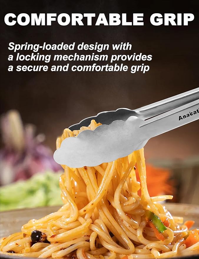 Anaeat Premium Kitchen Locking Tong Set of 3 - Heavy Duty Stainless Steel Food Tongs with Long Handle & Non-Slip Silicone Grip for Cooking, Baking, Grilling - Heat Resistant up to 480째F