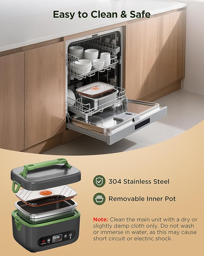 KPPTYUNM Cordless Electric Lunch Box for Adults竊?0000mAh Rechargeable Heated Lunch Box with Self Heating & 1.2L Portable Food Warmer for Work Travel Car(Gray-Green)