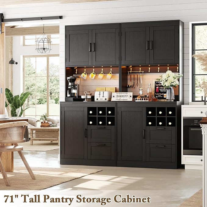 Unikito 72" Tall Pantry Cabinet, Kitchen Pantry Storage Cabinet with LED Light & Outlet, Kitchen Hutch Bar Cabinet with Microwave Stand, Wine Rack, Drawers and Shelves, Cupboard for Dining Room, Black