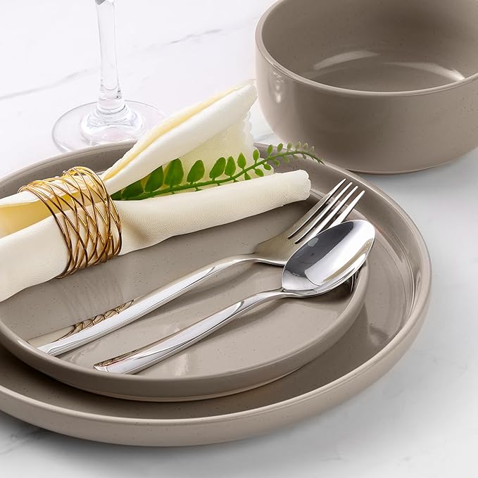 LIANYU Dinnerware Dishes Sets for 8, 24-Piece Stoneware Dinner Set, Ceramic Dining Bowls and Plates Crafted at 2400?? Scratch Resistant, Microwave & Dishwasher Safe, Milky Brown