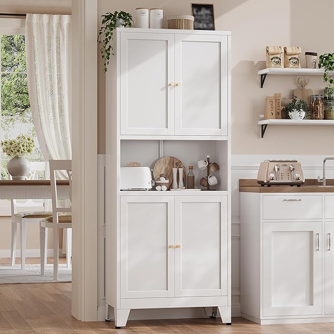 69"H Kitchen Pantry Cabinet with Countertop and Microwave Shelf,Metal Microwave Stand Cabinet with Storage竊똚hite Farmhouse Food Storage cabinet,Tall Freestanding Pantry Cabinets for Dining Room