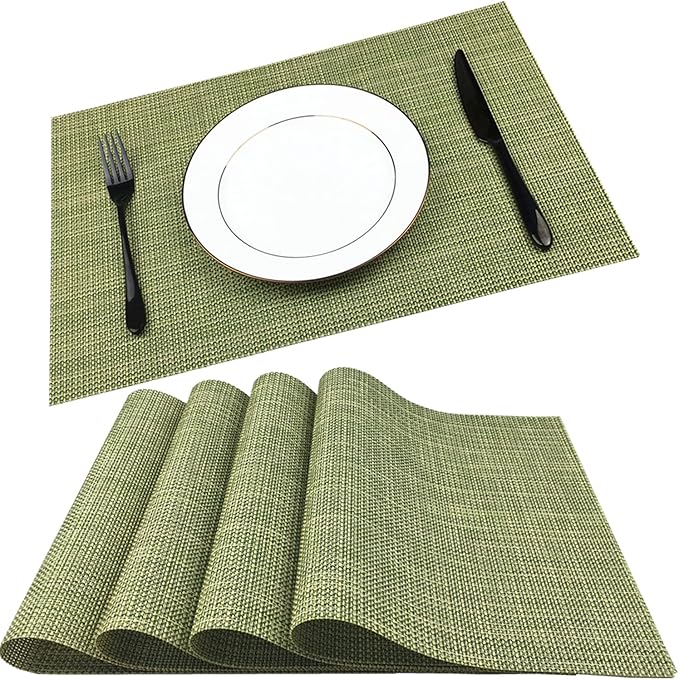 WAZAIGUR Placemats Easy to Clean Crisscross Woven Vinyl Place Mats Indoor Dining Durable Non-Slip Heat Resistant Table Mats for Kitchen Table Set of 4,Green and Yellow