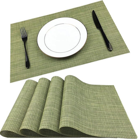 WAZAIGUR Placemats Easy to Clean Crisscross Woven Vinyl Place Mats Indoor Dining Durable Non-Slip Heat Resistant Table Mats for Kitchen Table Set of 4,Green and Yellow