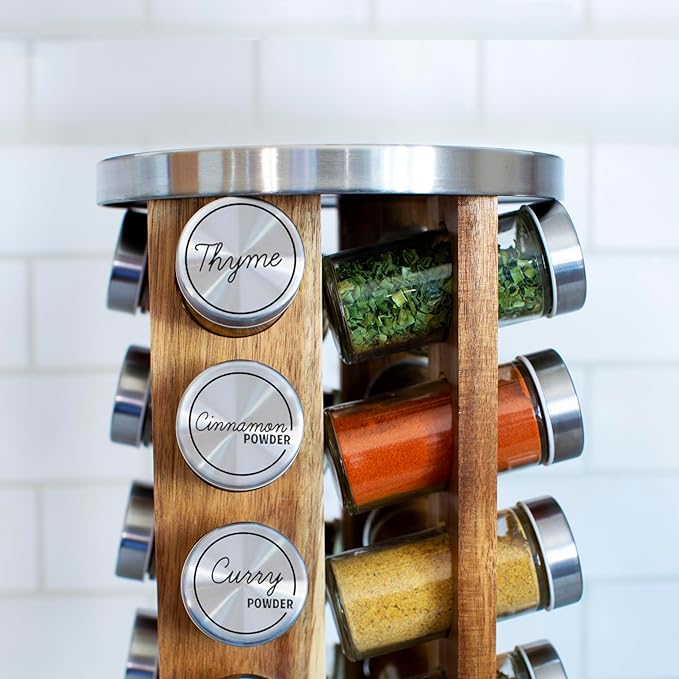 Orii 20 Jar Spice Rack with Spices Included - Tower Organizer for Kitchen Spices and Seasonings, (Natural Acacia Wood)