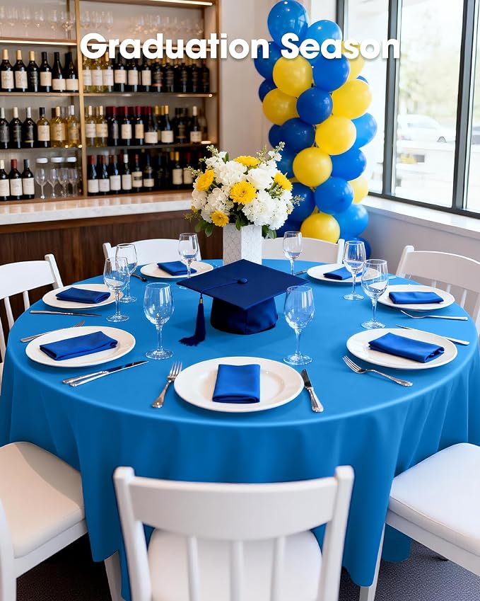 Pureegg Plastic Table Cloth Disposable 12 Pack, 84'' Round Table Cloths, Graduation Decorations Class of 2025, Graduation Party Tablecloths, Round, Plastic Cover, Leakproof & Sturdy, Blue