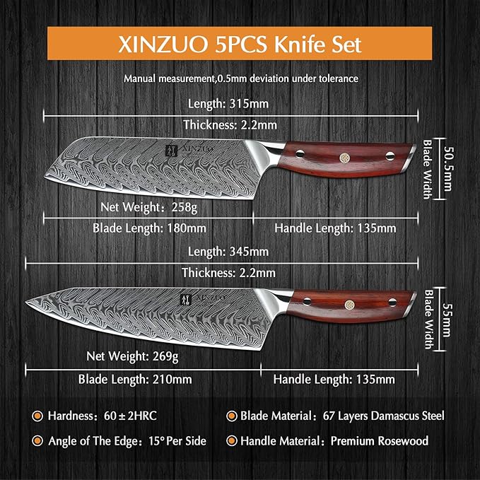 XINZUO 5 Pcs Knife Set, Professional Super Damscus Steel Kitchen Knife Set, Ultra Sharp Blade, Natural Rose Handle, Chef Gift Box-Yi Series