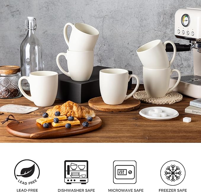 GBhome 16oz Coffee Mugs Set of 6, Large Ceramic Coffee Mugs for Man, Woman, Dad, Mom, Modern Coffee Mugs Set with handle for Tea/Latte/Cappuccino/Milk/Cocoa. Dishwasher&Microwave Safe,ivory