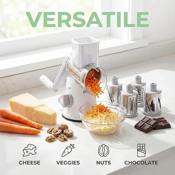 Manual Multi-Function Vegetable Slicer & Grater ??Interchangeable Blades for Shredding, Slicing, Shaving (Vegetables, Cheese, Nuts) (2, White, black)