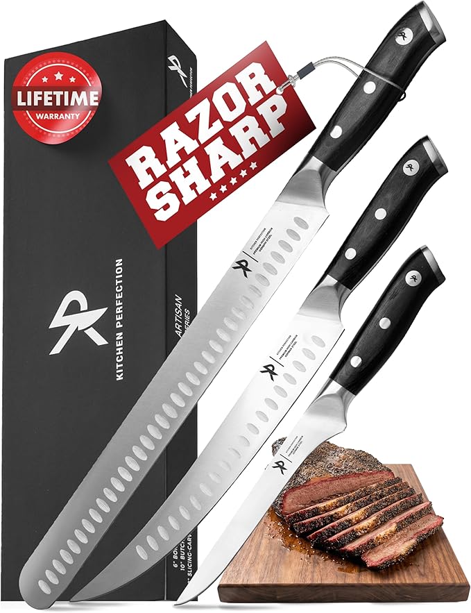 KITCHEN PERFECTION 3-Piece BBQ Slicing & Carving Meat Knife Set -12??Brisket Knife, 10??Butcher Knife, 6??Boning Knife with Sheaths -Razor Sharp German Steel,Full Tang Ergonomic Handles- Gifts for Men