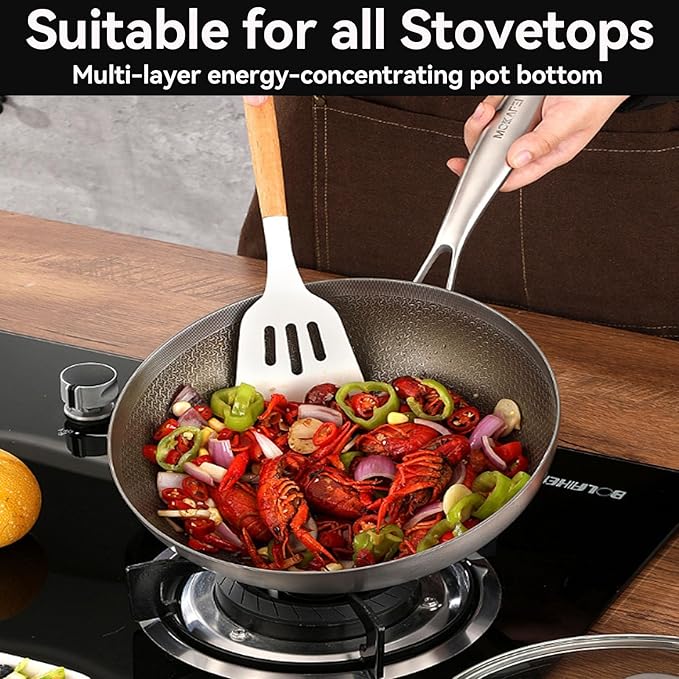 Titanium Wok for Cooking, Titanium Frying Pans, Multifunctional Ultra-Durable Scratch-Resistant Non Stick Even Heating Titanium Wok for Cooking,Includes Lid,11.81in