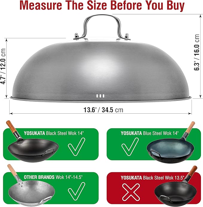 YOSUKATA Blue Round Bottom Wok Pan ??14" Woks and Stir Fry Pans + Wok Lid 13.6 Inch - Premium Stainless Griddle Dome with Tempered Glass + 17" Wok Spatula and Ladle and Turner