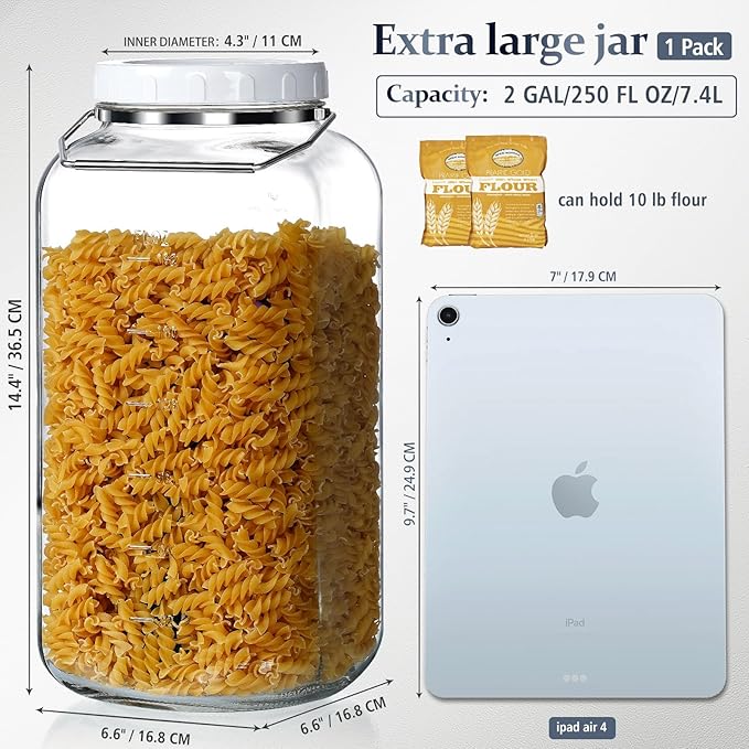 Folinstall 2 Gallon Large Glass Jar with Lid, Wide Mouth Storage Jars with Stainless Handle, Extra Big Glass Container with 2 Scale Mark for Storing Food, Kitchen Organization, 7400 ML/250 OZ