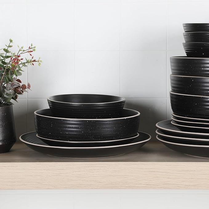 Gibson Home Dinah 16-Piece Matte Black Stoneware Dinnerware Set ??Double Bowl, Embossed Speckled Design, Durable Kitchen Dinner Set