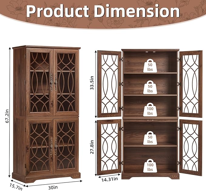 67" Tall Pantry Cabinet Set of 2, Vintage Kitchen Pantries Cabinets with Glass Doors & Adjustable Shelves, Wood Cupboard with Large Storage for Dingning Room, Bathroom, Brown