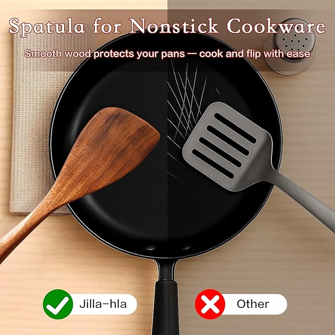 Wooden Spatula Nonstick Turner Acacia Wood, Right Long Handle Flat Frying Spatulas Handmade for Mother Wife Grandma Her Kitchen Gift, Ideal Cookware Utensils for Cooking Eggs, Fish, Pancakes