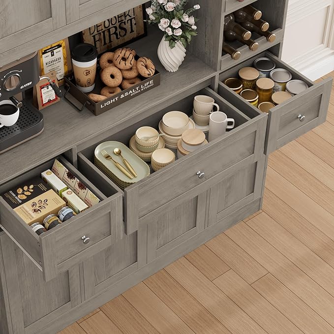 Pantry Organizers and Storage Cabinet, 72??Tall Kitchen Pantry Storage Cabinet with Microwave Stand, Wine Rack, Drawers and Adjustable Shelf for Dining Room, Living Room, Home BarAsh Grey