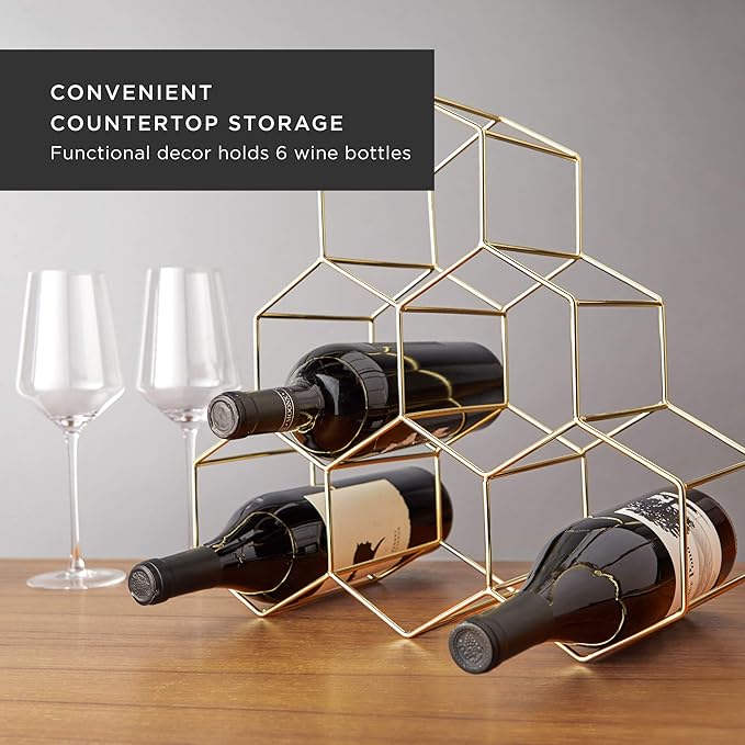 Viski Geo Countertop Wine Rack Freestanding, 6 Wine Bottle Holder for Wine Storage, Kitchen Decor, Wine Pantry Storage, 14.25", Gold