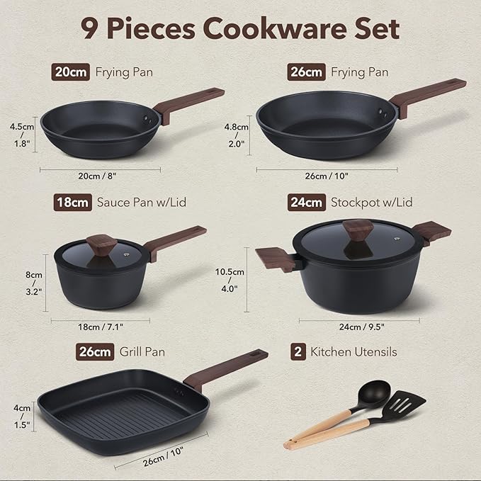 9 Pcs Pots and Pans Set Nonstick,Induction Cookware Set Kitchen Cooking Sets,Non Stick with Grill Pan (PFOS, PFOA Free), Black