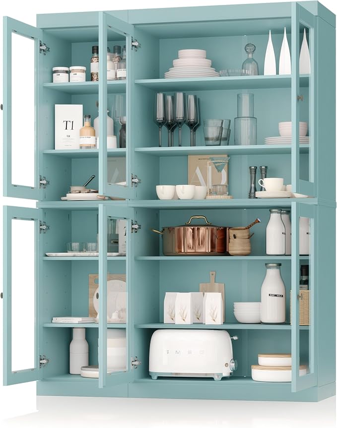 Palace Imports 100% Solid Wood 48.5" Pantry China Cabinet with Clear Glass Doors and Adjustable Shelves (Aqua)
