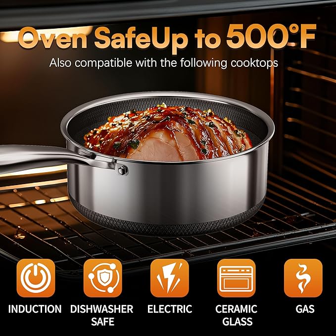 Stainless Steel Sauce pan with Lid, KURRUNGIE 1.5 QT Saucepan with Lid, PFOA Free 6.3-inch 5-Ply Stainless Steel Pans for Cooking, Induction Cookware Oven and Dishwasher Safe