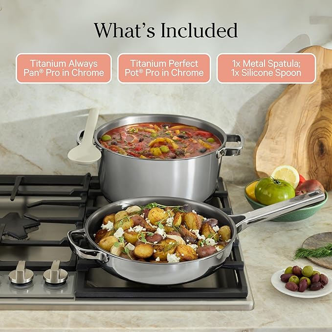 Our Place Titanium Pro Cookware Duo ??Always Pan & Perfect Pot with Nonstick No-Coating Technology | Tri-Ply Titanium & Stainless Steel | Safe for Oven, Induction & All Cooktops up to 1000째F | Chrome
